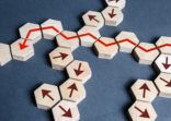The red arrow finds its optimal path through many impassable options. Strategic planning, business development, search for new markets and opportunities. Risk management, making the right decisions.