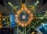 Top view of the Singapore landmark financial business district with skyscraper. Fountain of Wealth at Suntec city in Singapore at night