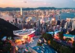 Drone view of Hong Kong city, sea, kowloon city and Hong kong harbor