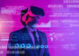 Future game gamefi and entertainment digital technology. Teenager having fun play VR virtual reality glasses sport game metaverse NFT game 3D cyber space futuristic neon colorful background.